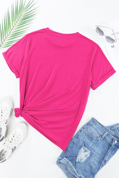 Rose Red Casual Plain Crew Neck Tee