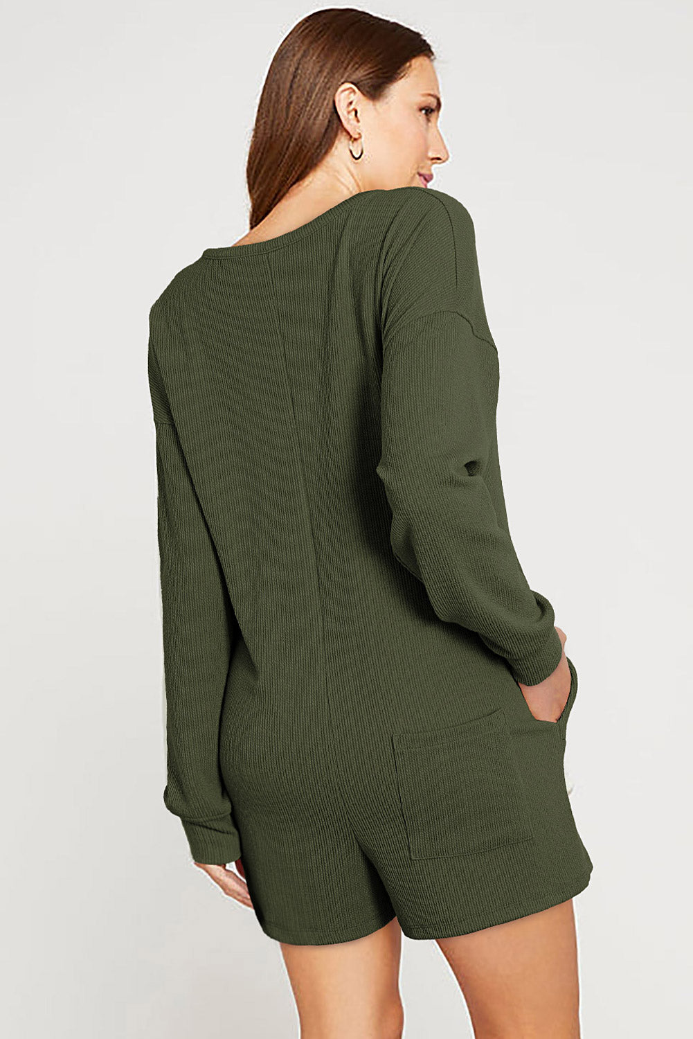 Dark Green Brushed Ribbed Button Split V Neck Long Sleeve Romper