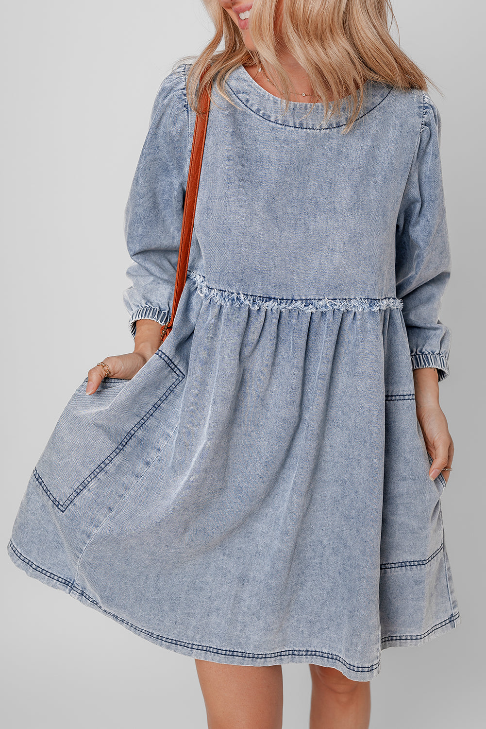 Beau Blue Light Wash High Waist Loose Fit Denim Mini Dress