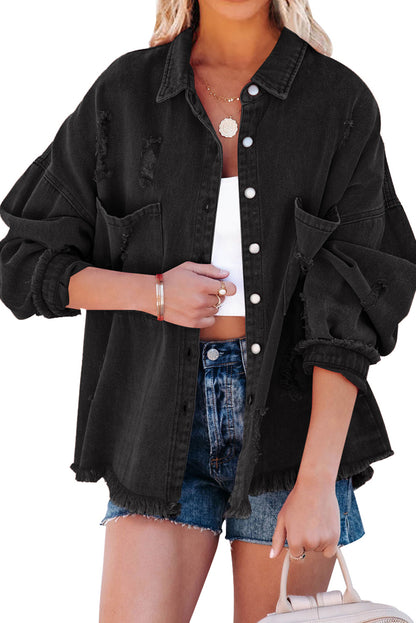 Black Distressed Fringe Trim Denim Jacket