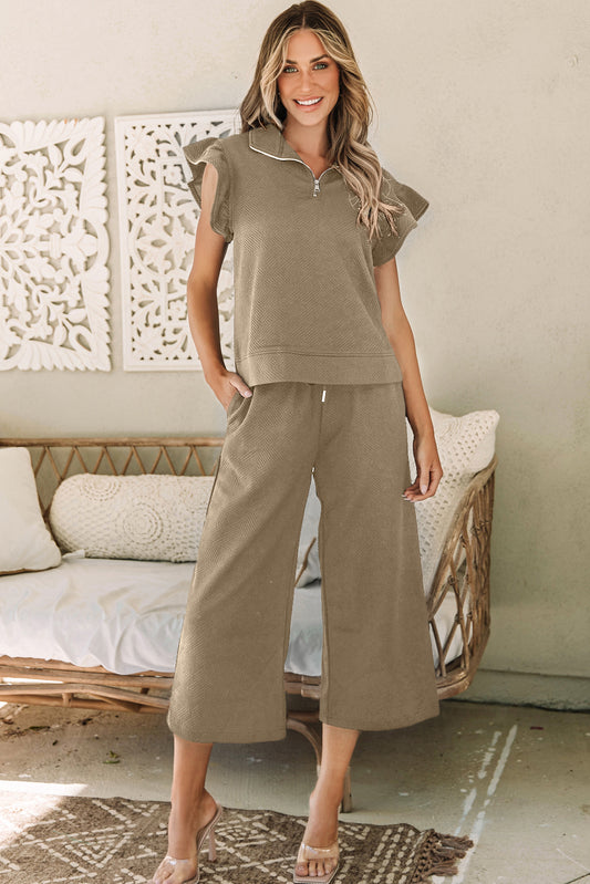 Pale Khaki Textured Flutter Sleeve Top Wide Leg Pants Set