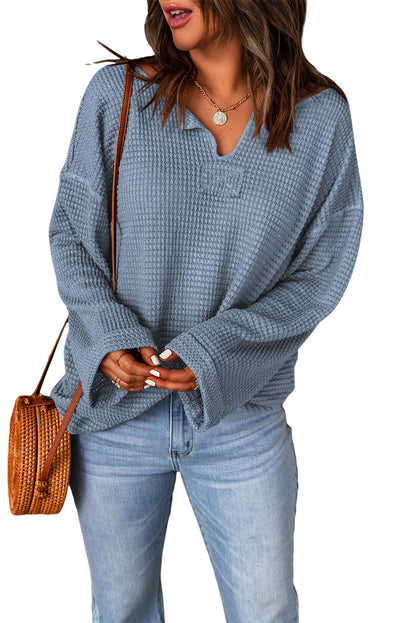 Dusk Blue Waffle Knit Loose Long Sleeve Top