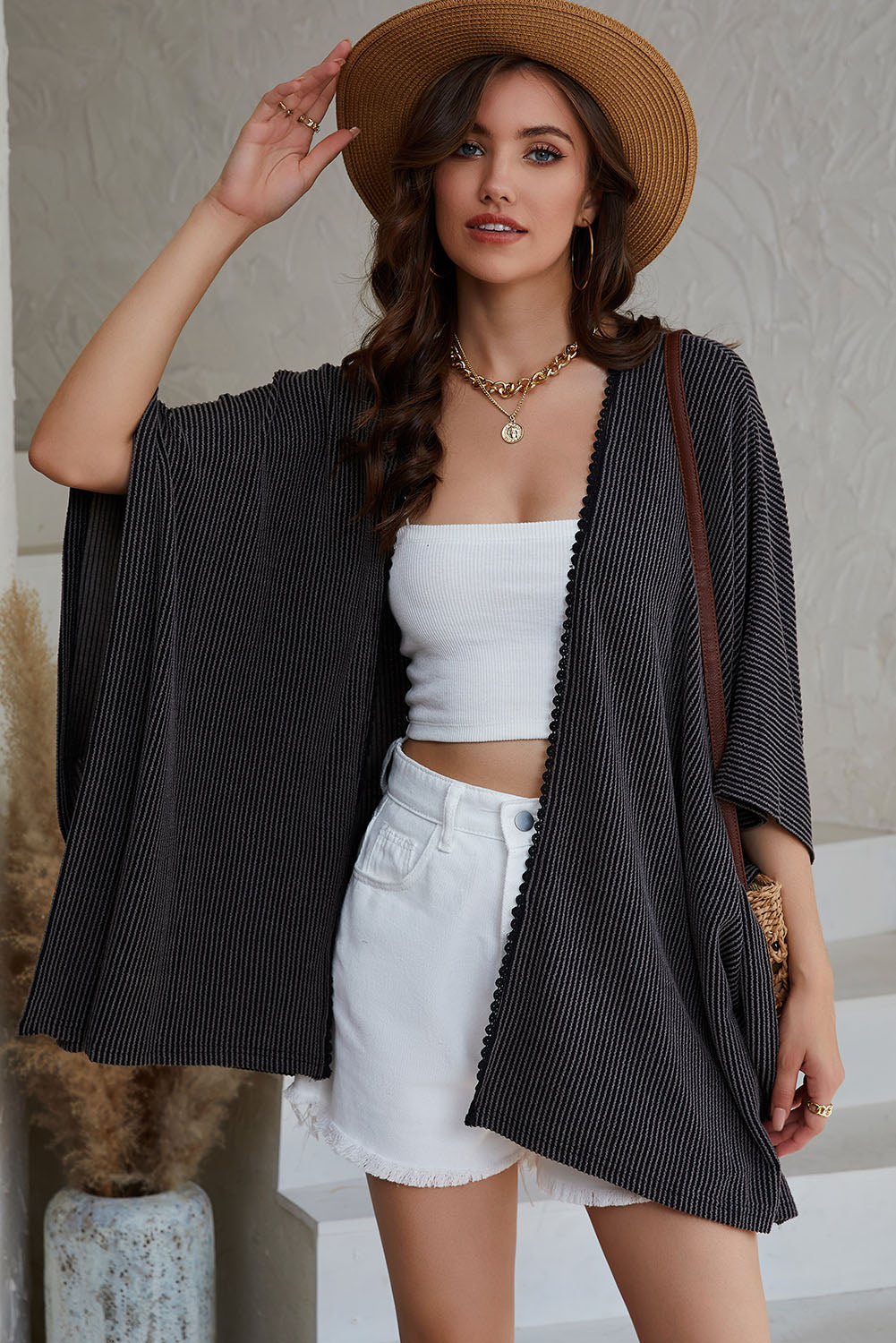 Black Lace Trim Ribbed Oversize Kimono