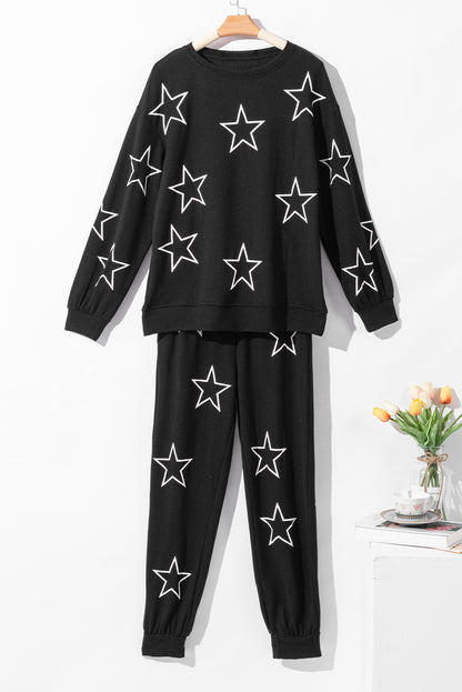 Black Stars Print Long Sleeve Drawstring High Waist Lounge Set