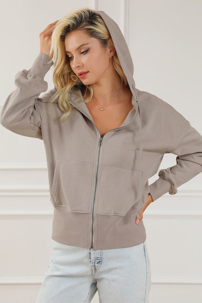 Zip Up Drawstring Cropped Hoodie