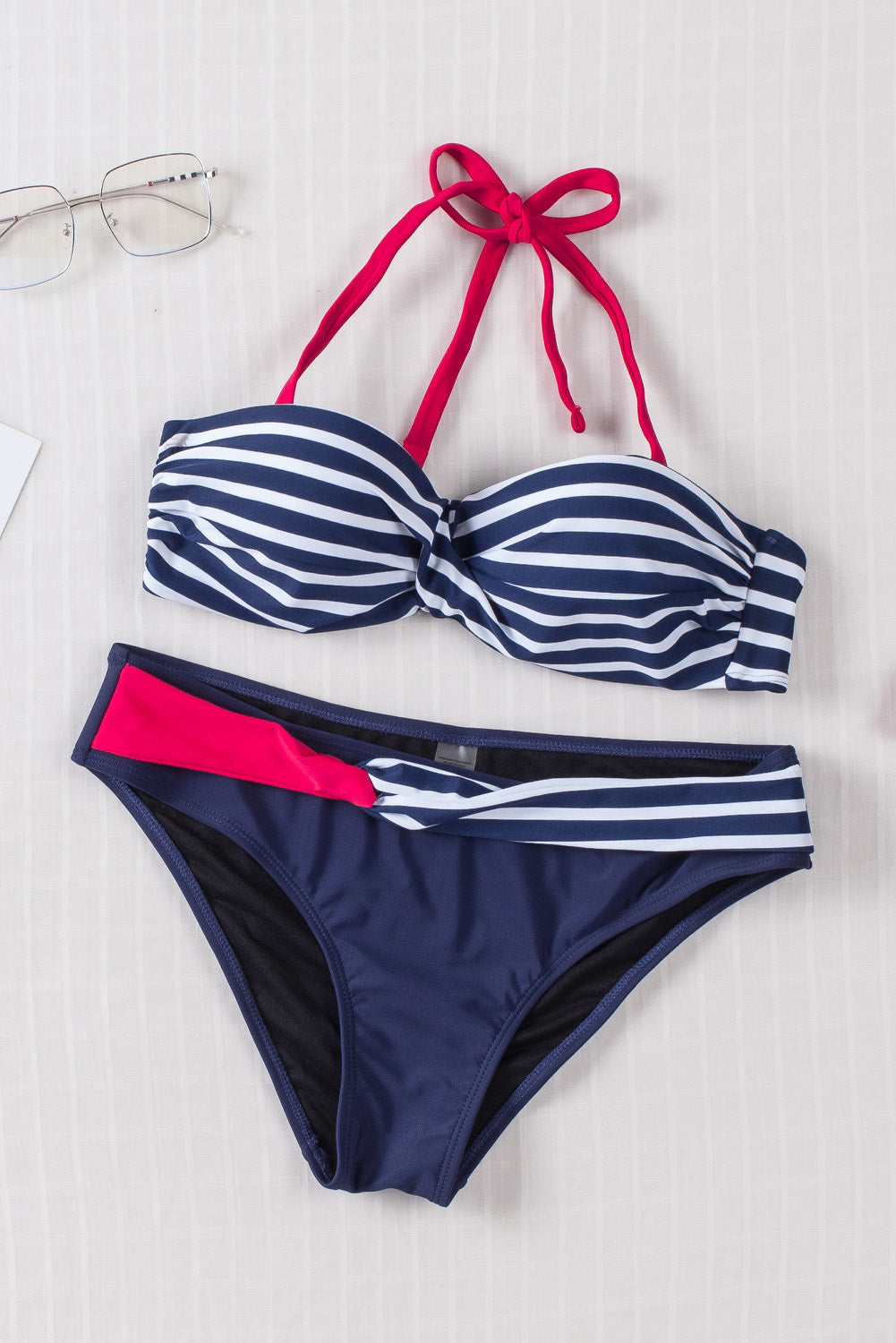 Blue Halter Bandeau Striped Bikini