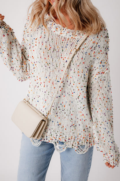 White Colorful Confetti Distressed Knit Sweater