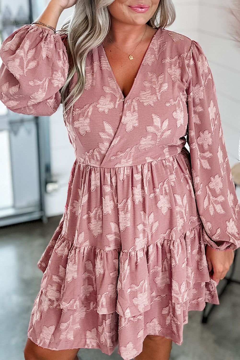 Peach Blossom Floral Surplice V Neck Tiered Ruffled Plus Size Dress