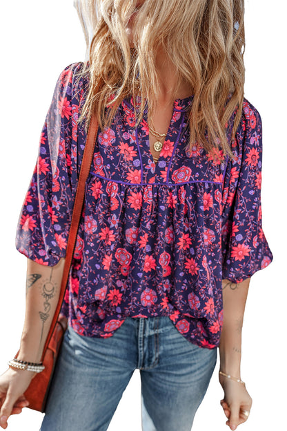 Purple Floral Half Sleeve Split Neck Blouse Top