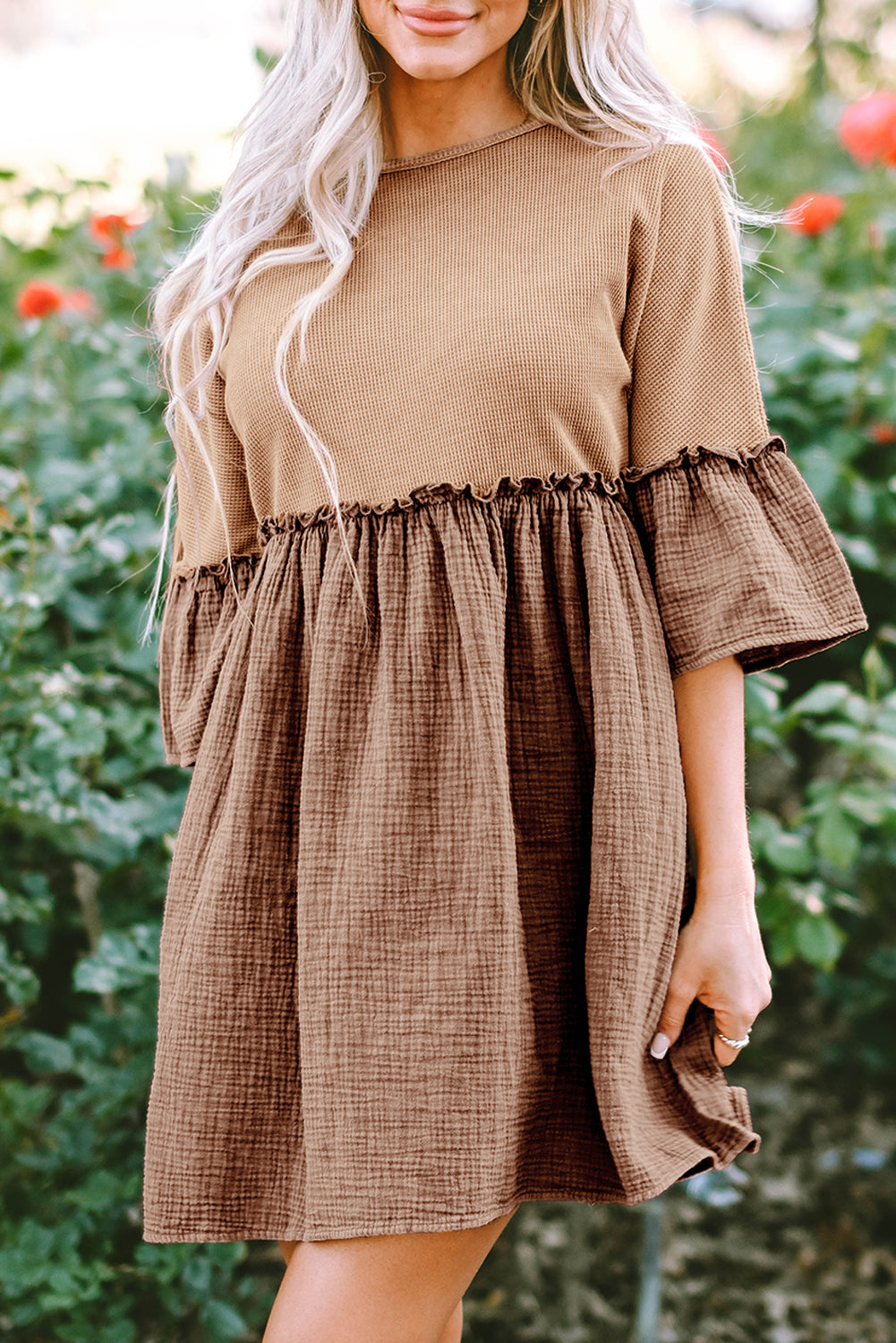 Khaki Waffle Crinkle Patchwork Frilled Flare Dress