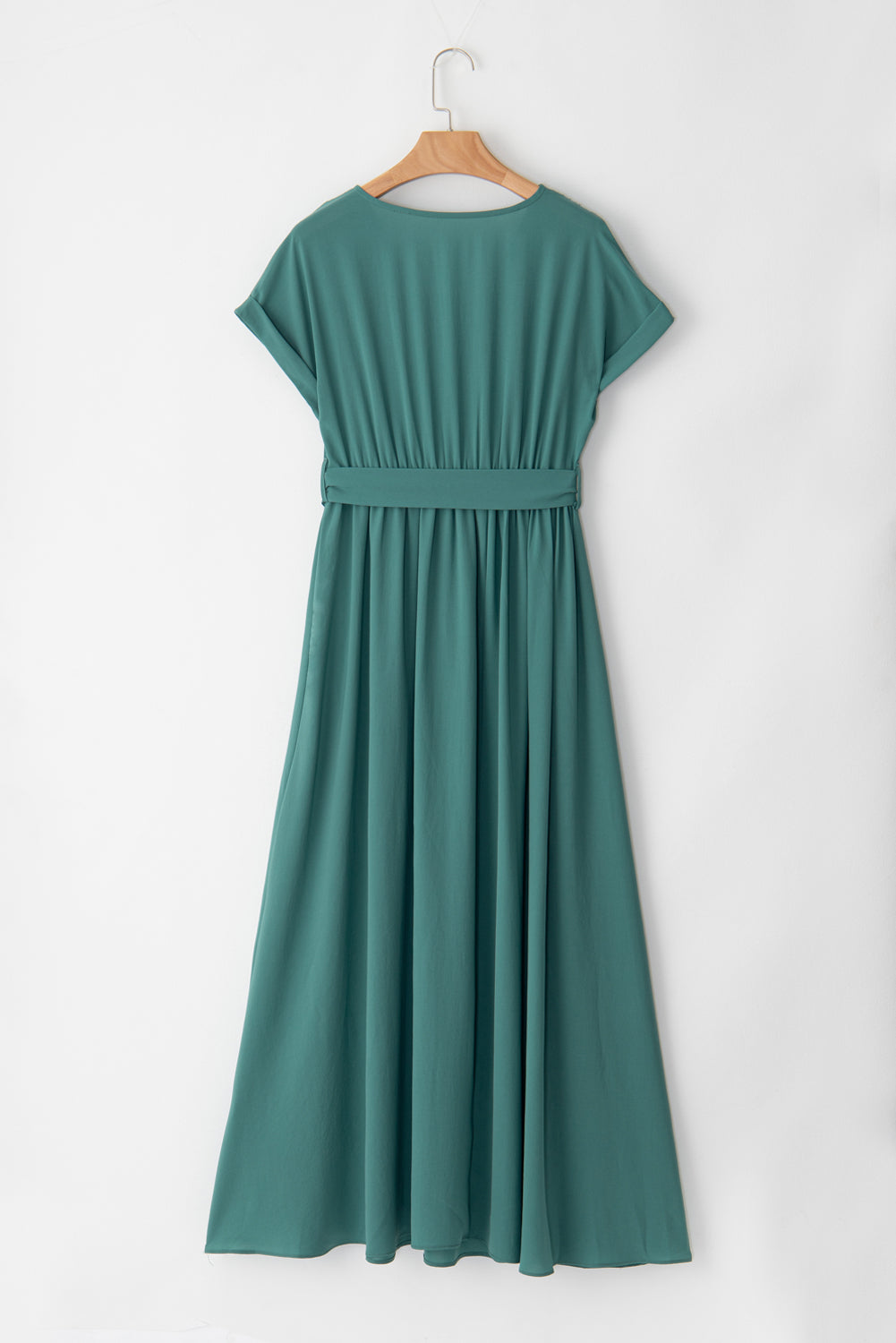 Blackish Green Solid Color V Neck Wrap Pleated Short Sleeve Maxi Dress