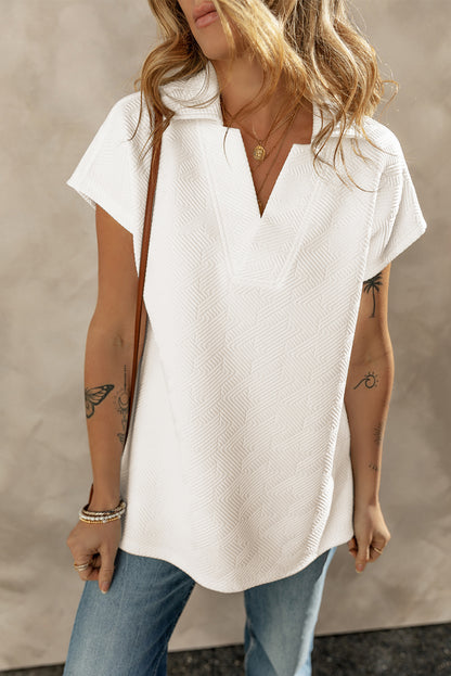 White Textured V Neck Collared Short Sleeve Top