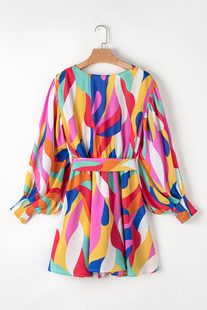 Multicolor Abstract Printed Belted Puff Sleeve Mini Dress