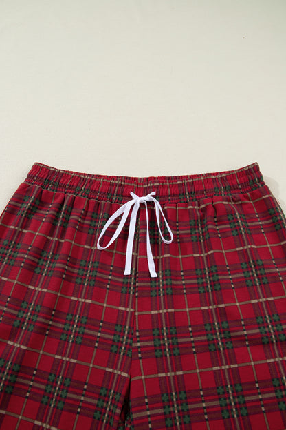 Red Plus Size Plaid Short Sleeve Shirt Loose Pants 2pcs Pajama Set