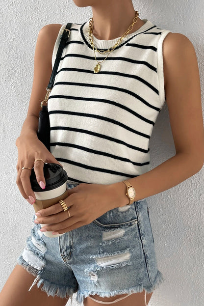 White Striped Round Neck Sweater Vest