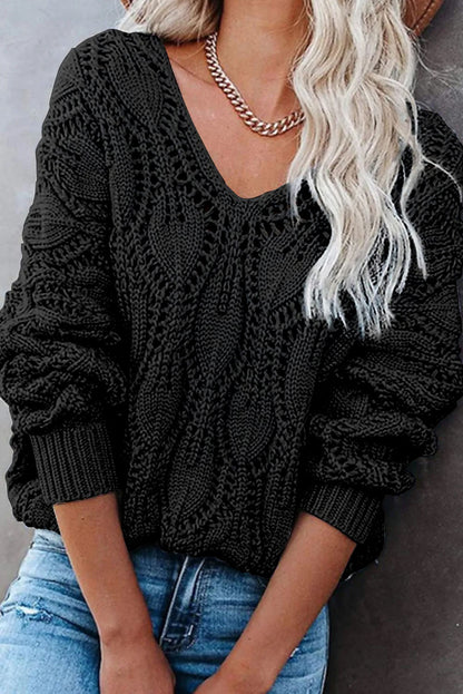 Black Crochet Knit Ribbed Hem Hollow-out Sweater