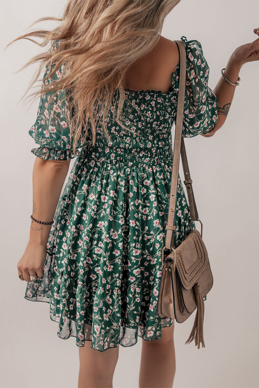 Green Smocked Square Neck Puff Short Sleeve Floral Mini Dress