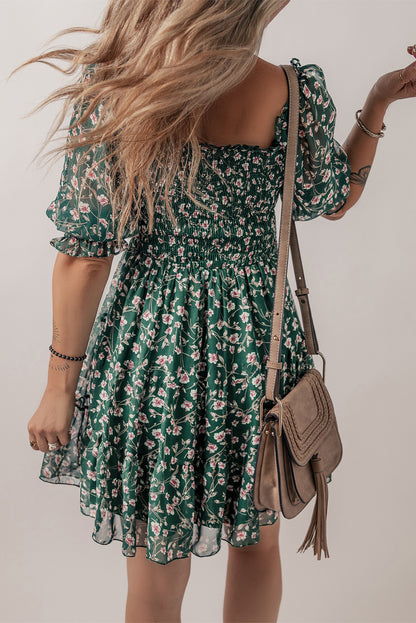 Green Smocked Square Neck Puff Short Sleeve Floral Mini Dress