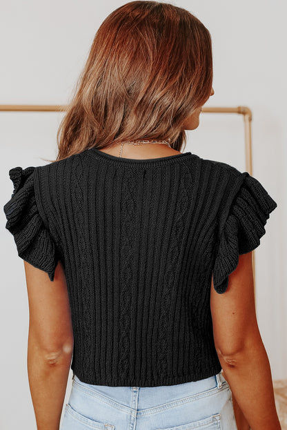 Black Ruffle Sleeve Cable Knit Top