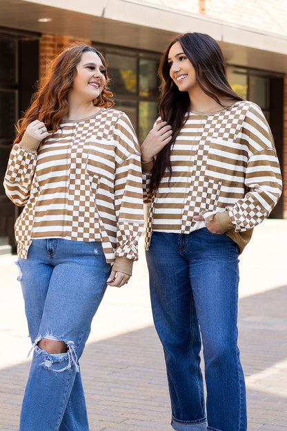 Khaki Striped Checkered Mixed Print Chest Pocket Casual Plus Size Top