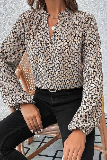 Khaki Geometric Print Notched Neck Puff Sleeve Blouse