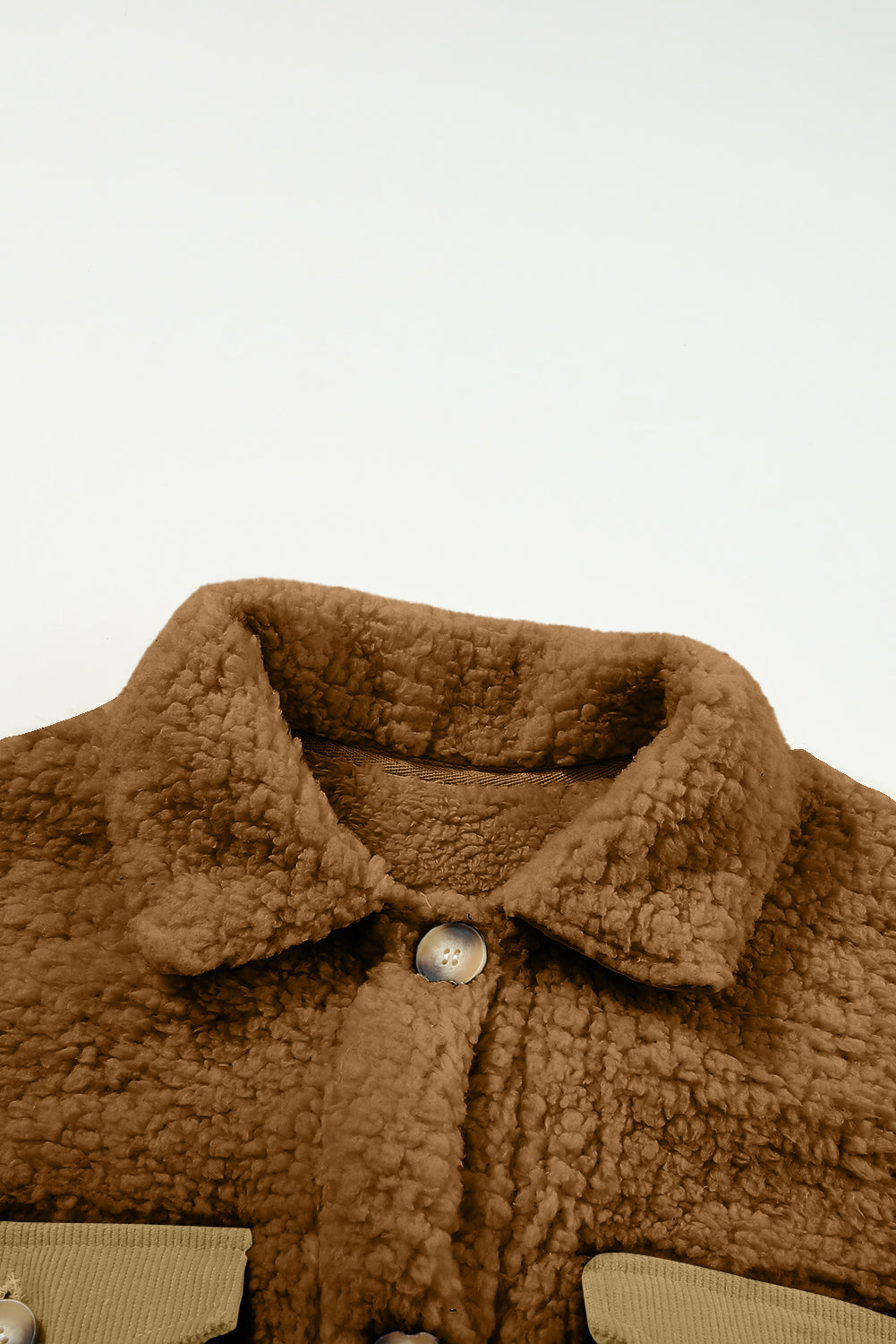 Khaki Contrast Flap Pocket Single Breasted Teddy Coat