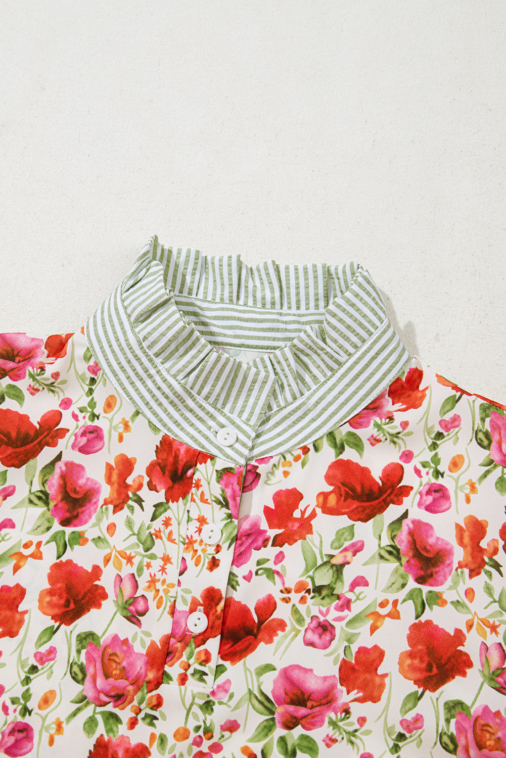 Red Floral Print Striped Patchwork Collared Short Sleeve Blouse