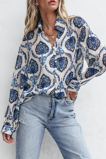 Blue Tribal Pattern Buttoned Front Loose Shirt