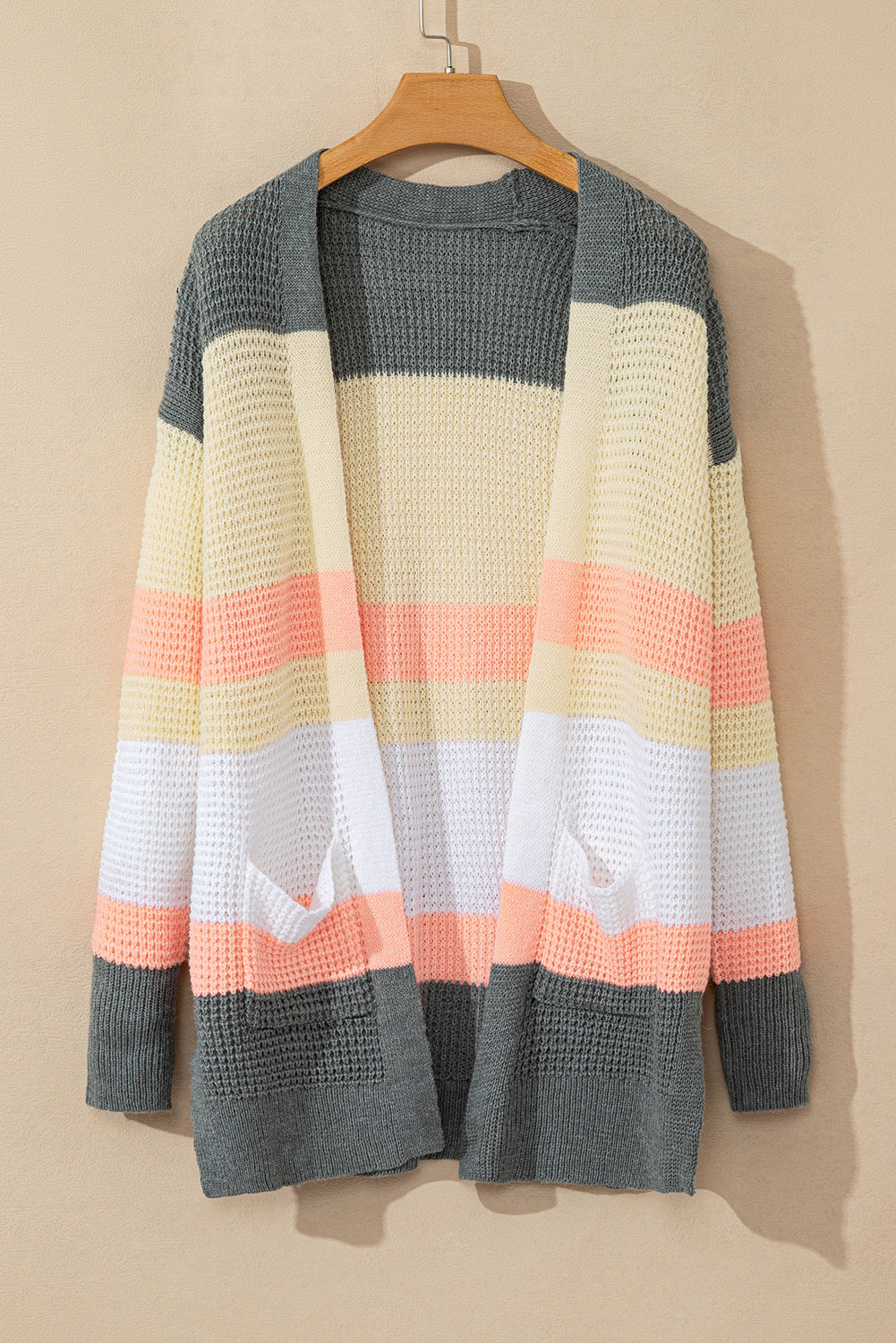 Multicolor Color Block Striped Pocketed Open Cardigan