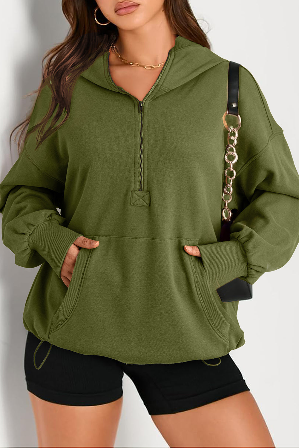 Moss Green Solid Kangaroo Pocket Half Zipper Oversized Hoodie