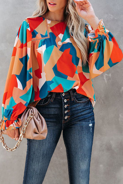 Multicolor Abstract Pattern Crewneck Ruffled Puff Sleeve Blouse