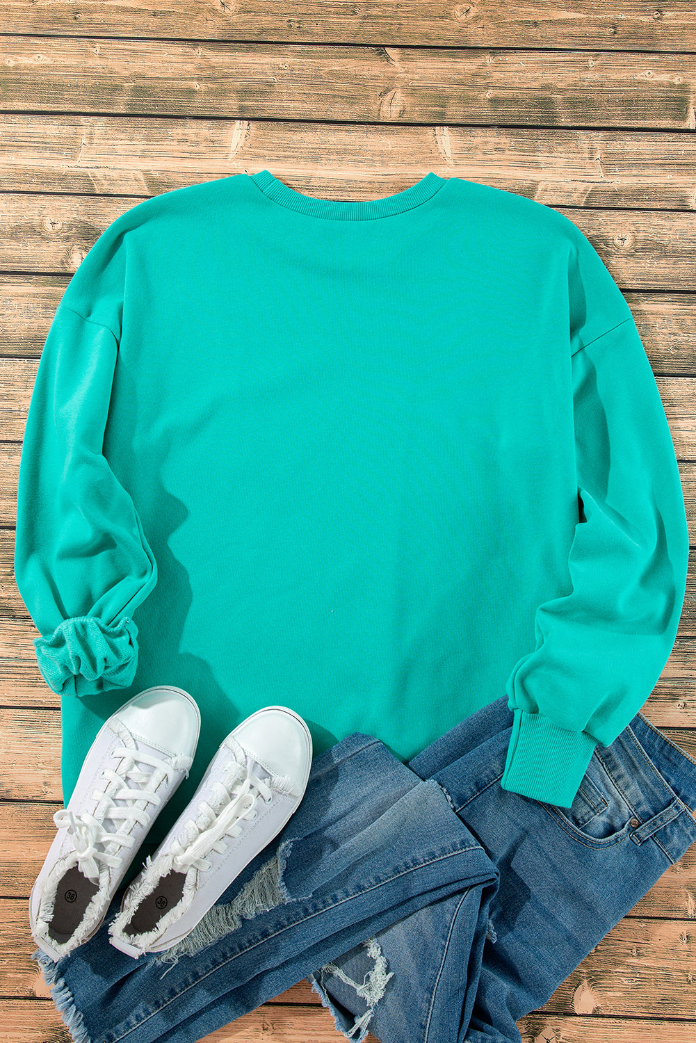 Sea Green Solid Fleece Lined Drop Shoulder High Low Sweatshirt