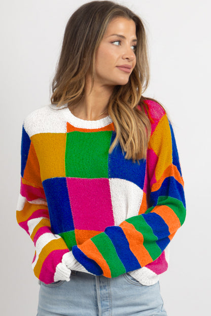 Orange Checkered Color Block Round Neck Loose Sweater