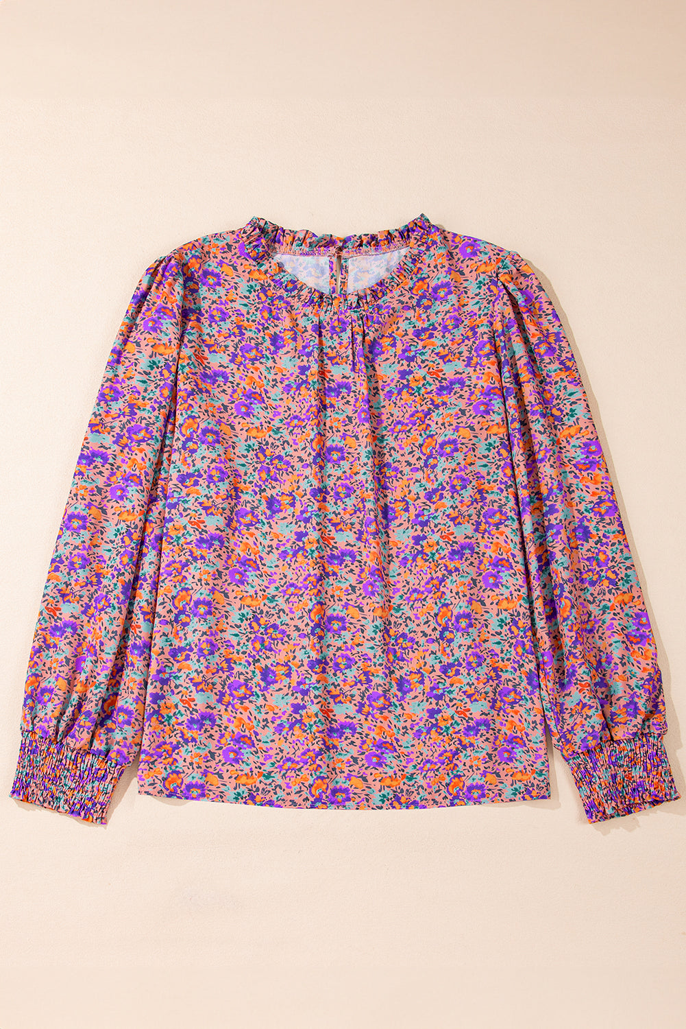 Purple Floral Allover Print Shirred Cuff Frilled O Neck Blouse