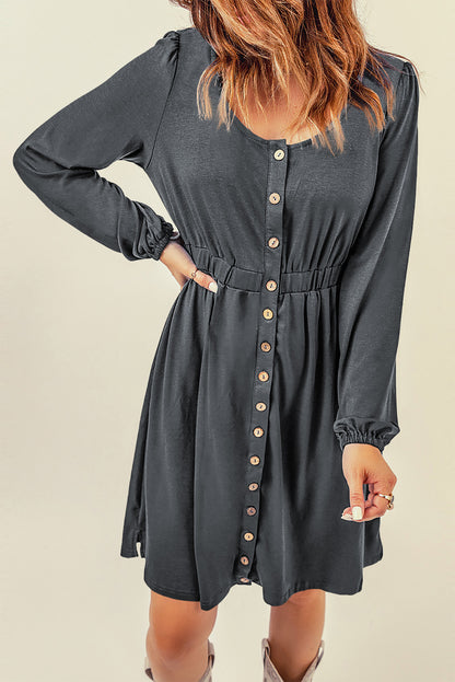 Gray Button Up High Waist Long Sleeve Dress