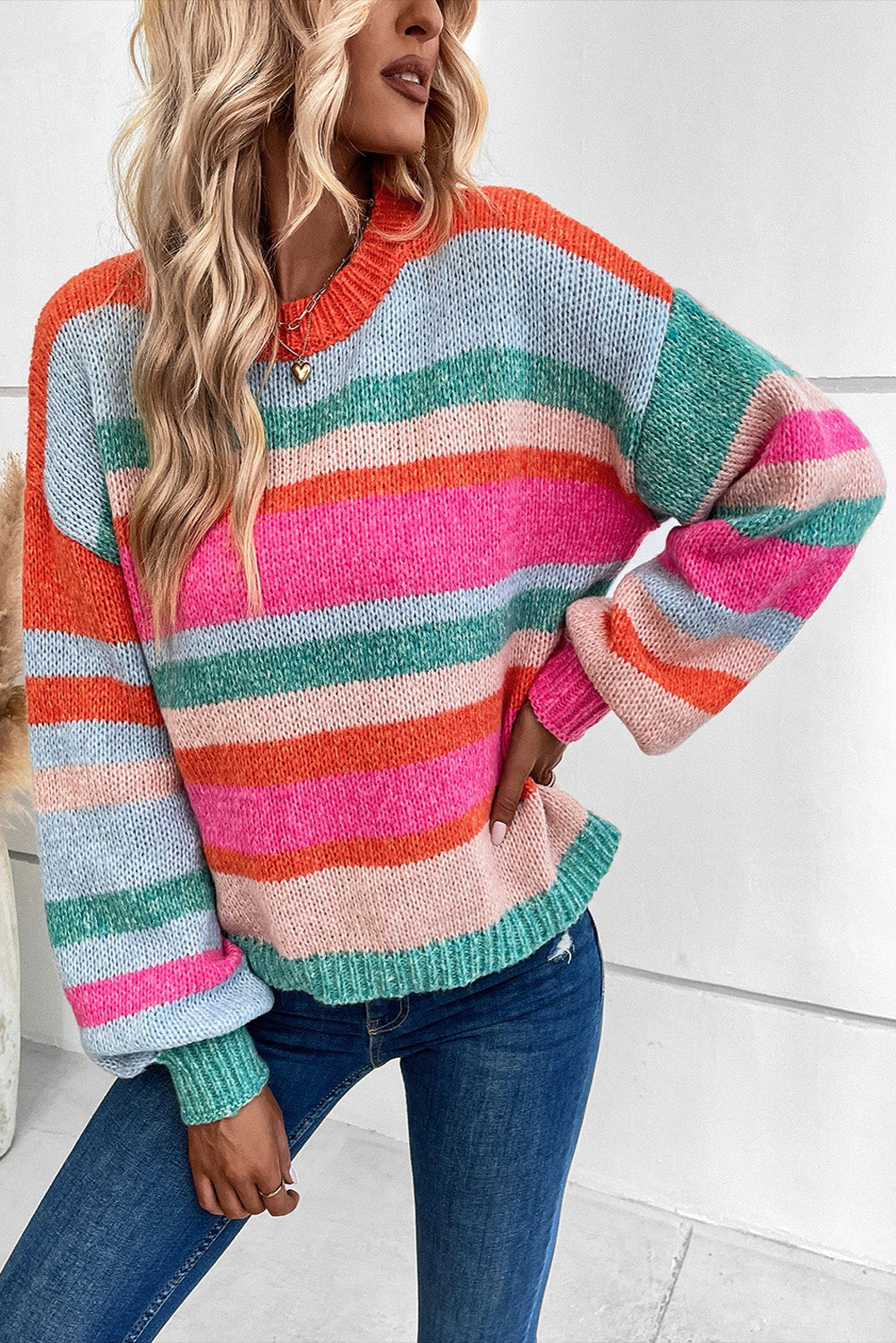 Multicolor Striped Knit Drop Shoulder Puff Sleeve Sweater