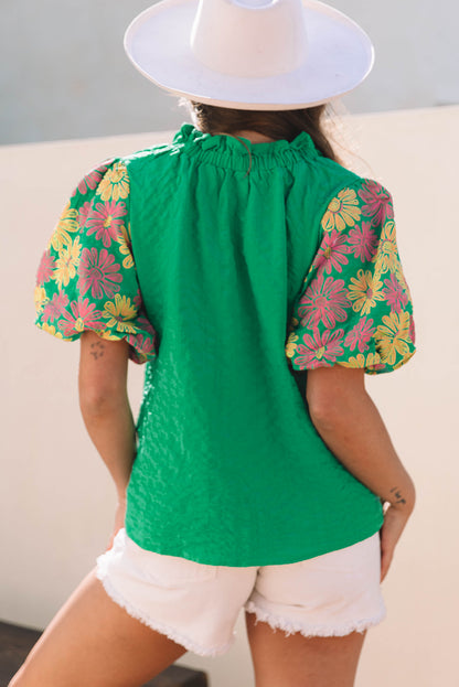 Bright Green Floral Puff Short Sleeve Ruffled Collar Button Back Top