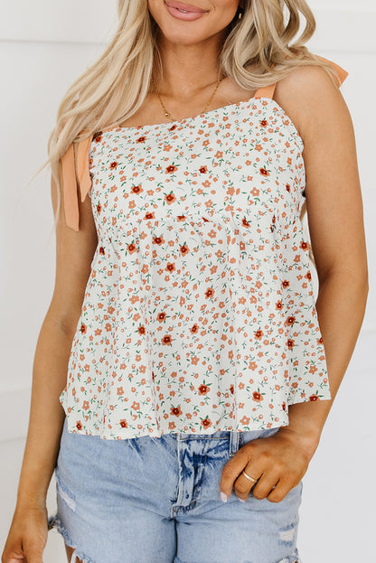 White Tied Shoulder Floral Print Babydoll Tank