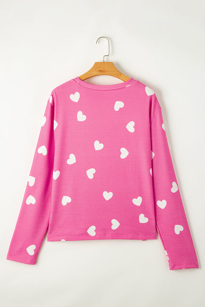 Pink Valentine Heart Print Long Sleeve Tee and Shorts Lounge Set