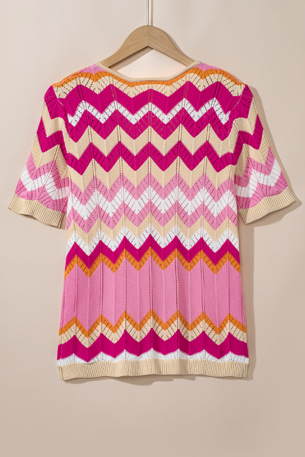 Pink Stripe Chevron Pointelle Knit V Neck Short Sleeve Sweater