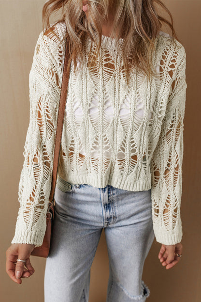 White Cut Out Crochet Crew Neck Loose Fit Sweater