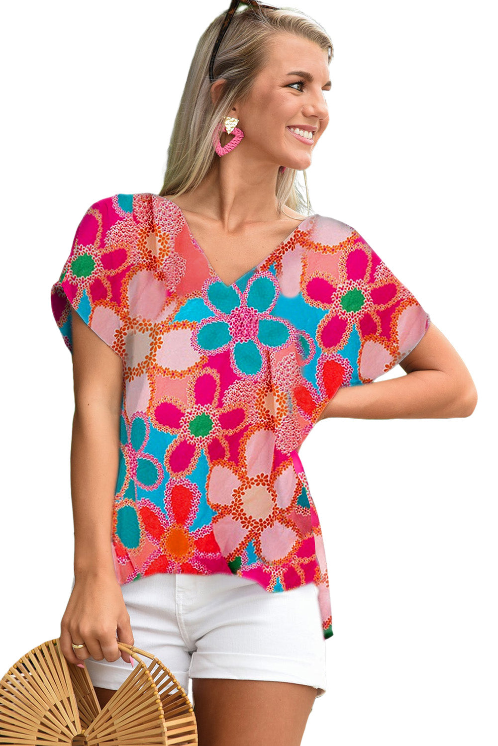 Pink Abstract Print V Neck Dolman Blouse