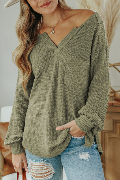 Green Waffle Knit Split Neck Pocketed Loose Top