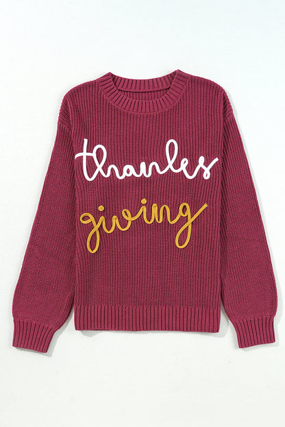 Red Sandalwood Thanks Giving Letter Graphic Crew Neck Sweater