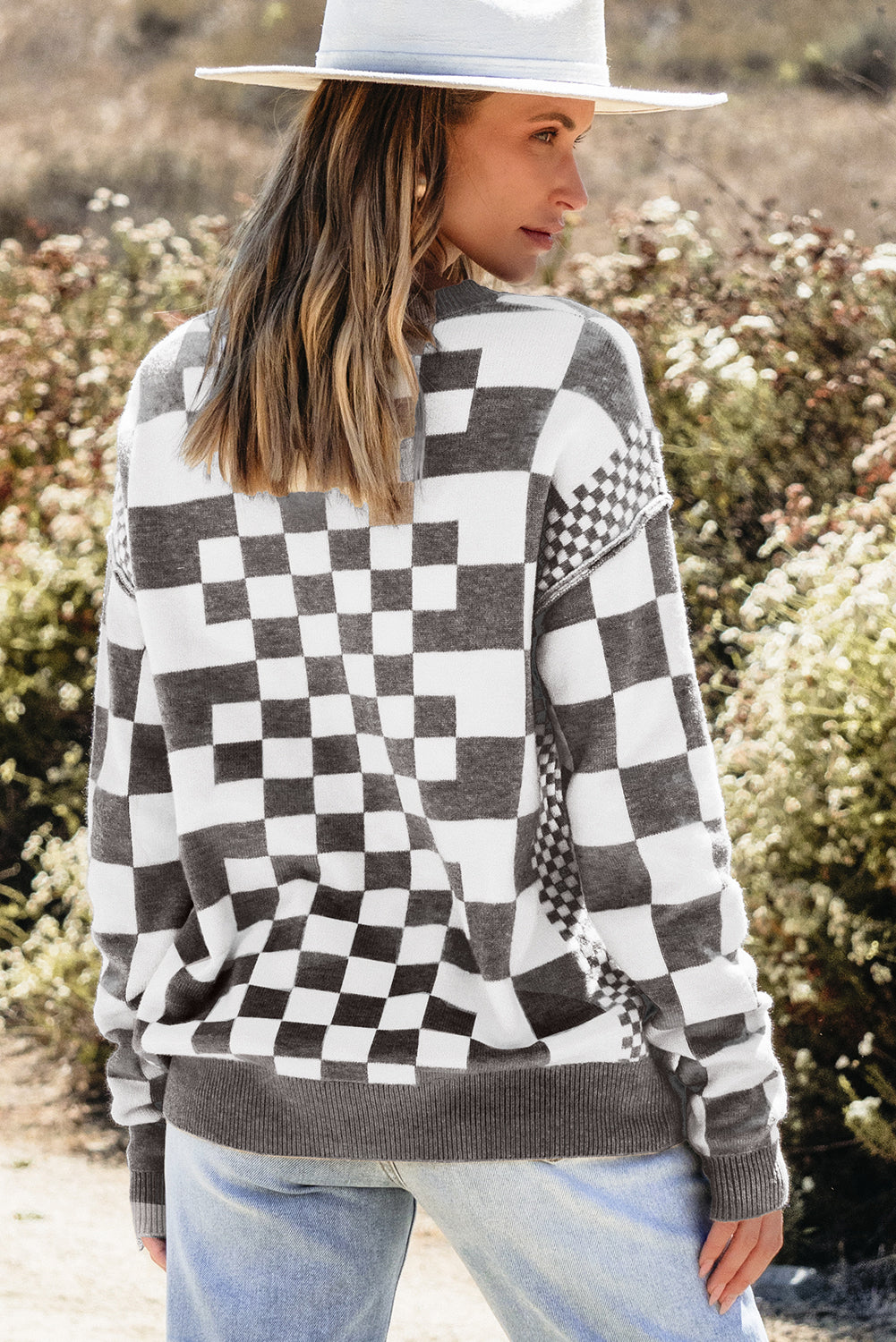 Gray Checkered Print Drop Shoulder Round Neck Sweater