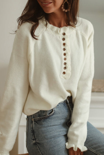 Beige Frill Trim Buttoned Knit Pullover Sweater