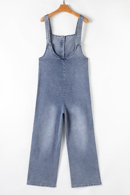 Stone Blue Washed Denim Half Buttons Patched Pocket Wide Leg Overalls