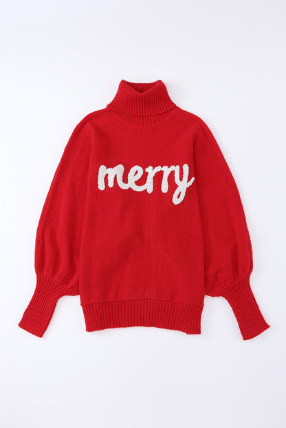 Red Merry Letter Embroidered High Neck Sweater