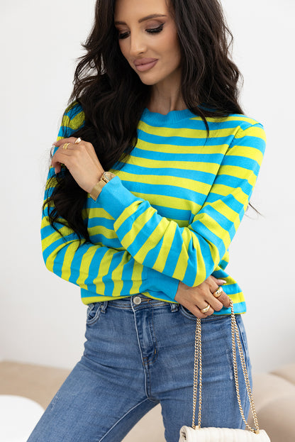 Green Stripe Crew Neck Drop Shoulder Casual Sweater