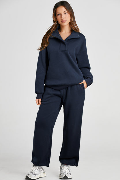 Navy Blue Solid Color Collared Sweatshirt and High Waist Pants Set